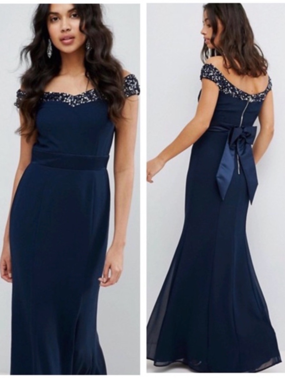 Maya Navy Off-Shoulder Maxi Gown with Beaded Neckline